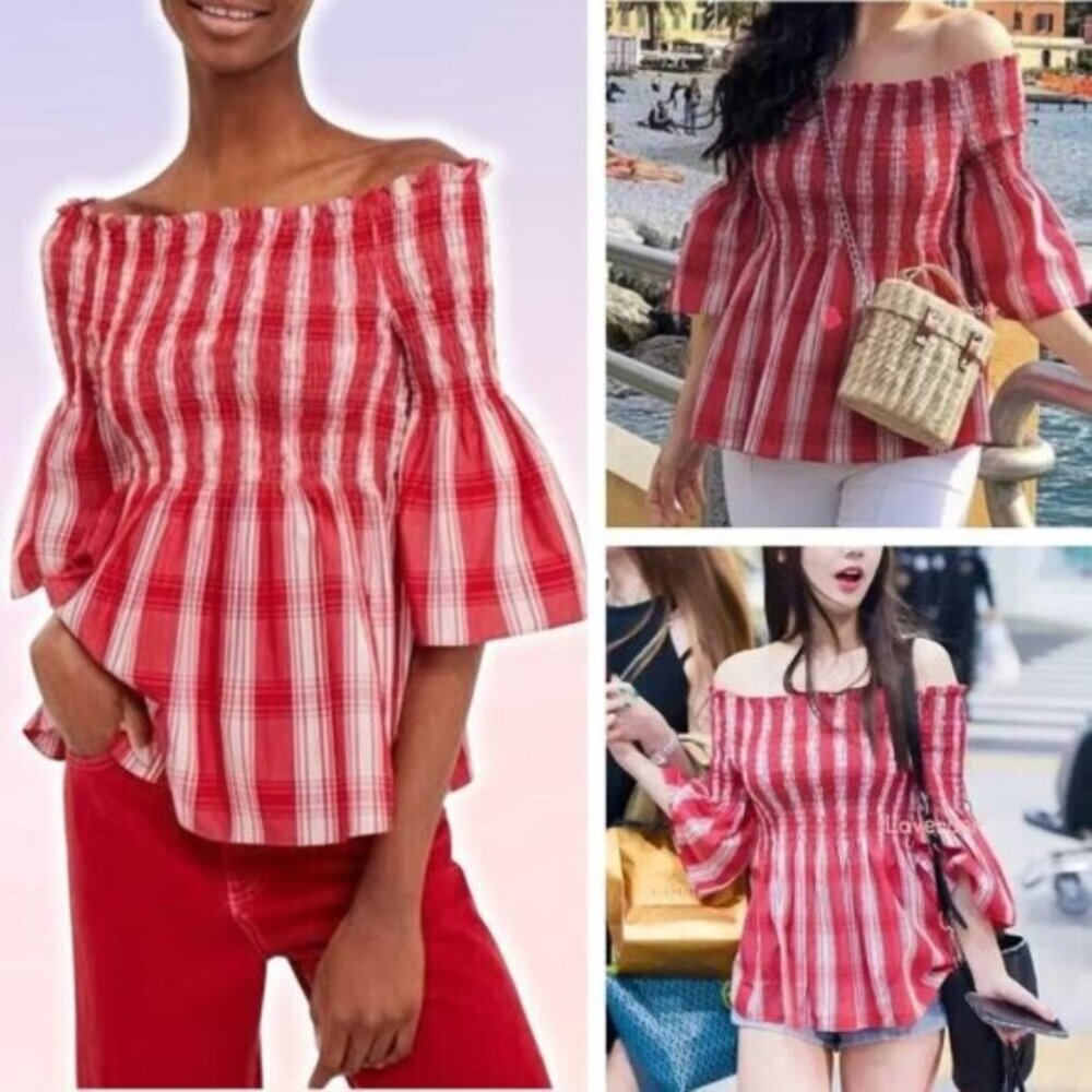 NWT ZARA Off the Shoulder Bell Sleeve Smocked Top Sz Medium Striped Red / White